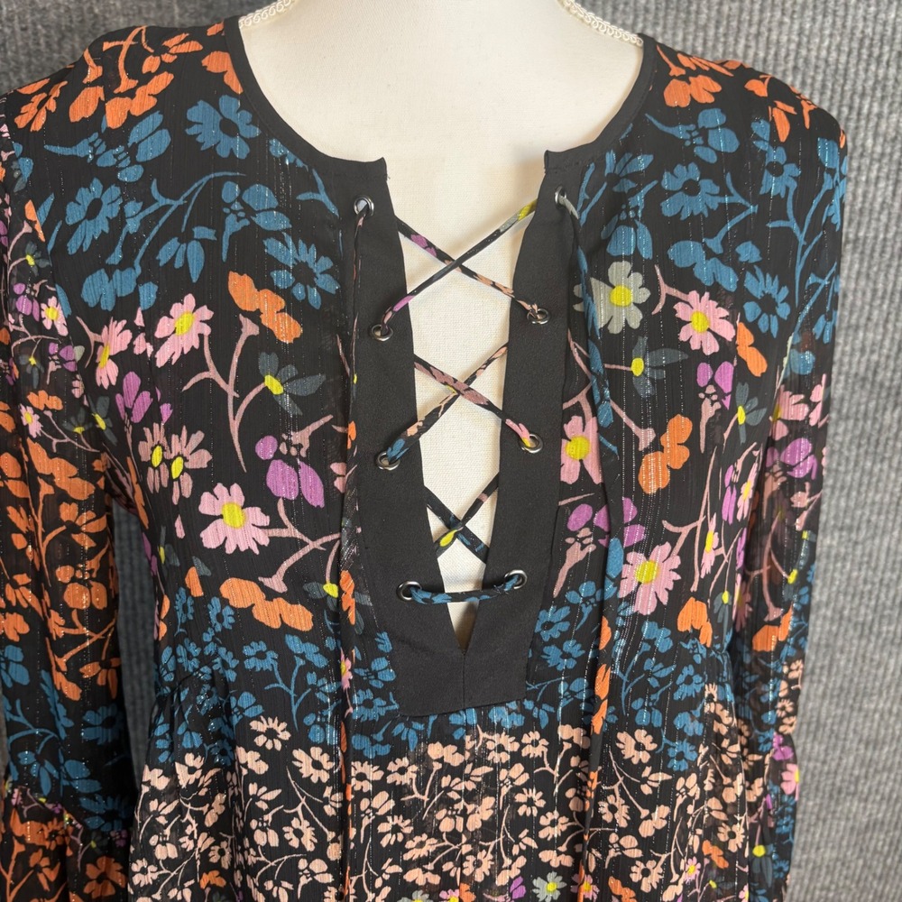BCBG Generation Floral Lace Up Mini Dress S Bell Sleeve Boho Festival - Picture 2 of 6